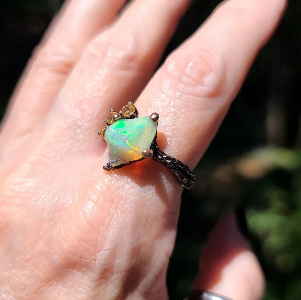 Raw Fire Opal & citrine Sterling & Rhodium ring sz 8.5 - Picture 5 of 8
